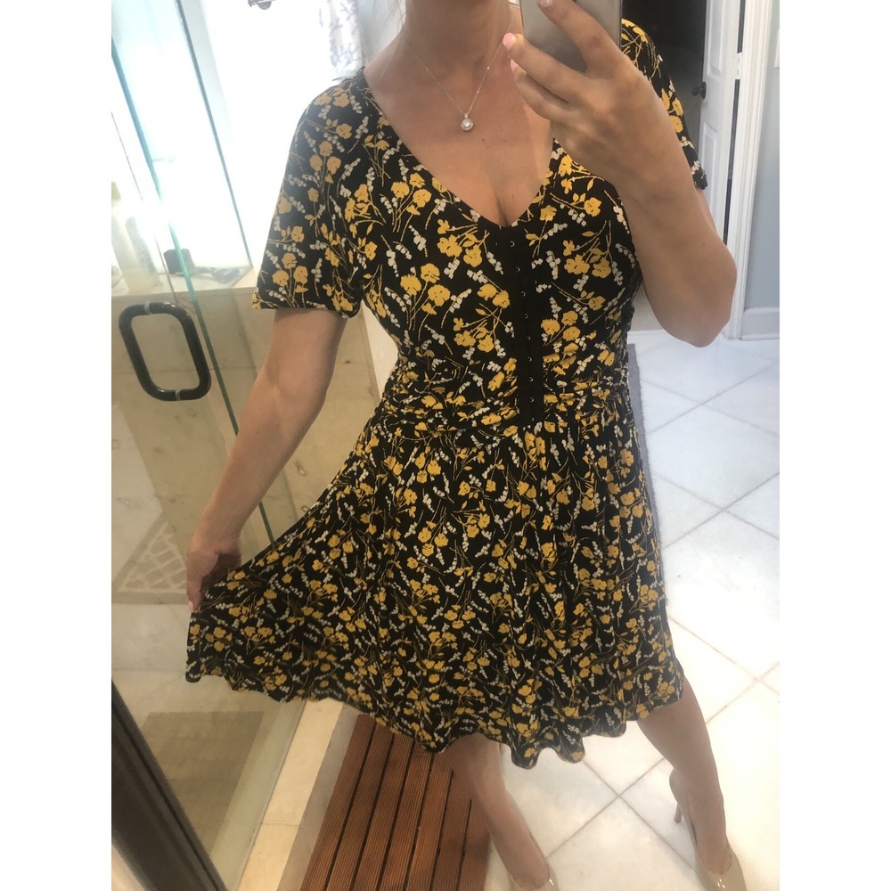 Maeve Women Black Yellow Floral Babydoll Fit Flare Dress L V-Neck Short Sleeve